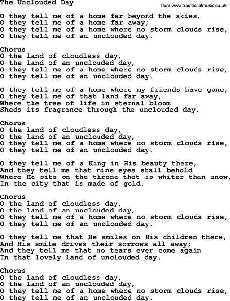 Baptist Hymnal, Christian Song: The Unclouded Day- lyrics with PDF for printing