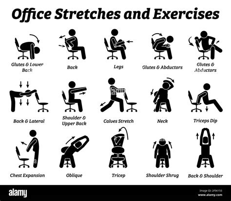 Working office stretches and exercises to relax tension muscle. Vector illustrations depict ...