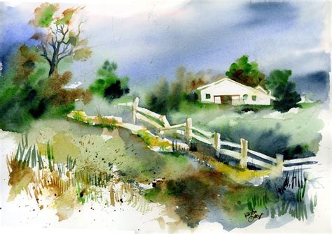 Original Watercolor Painting Country Landscape Wall Art/