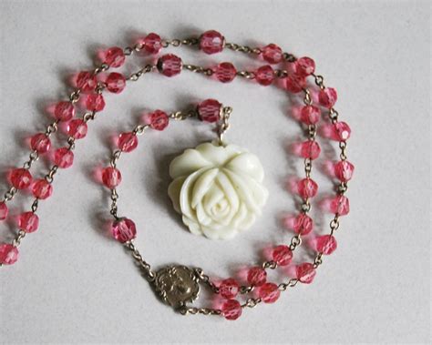 Vintage Rosary Necklace Pink Crystal Beads White Porcelain