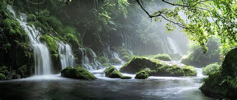 Spring Waterfall Stone Fog Mist Green Forest, waterfall, forest, nature ...