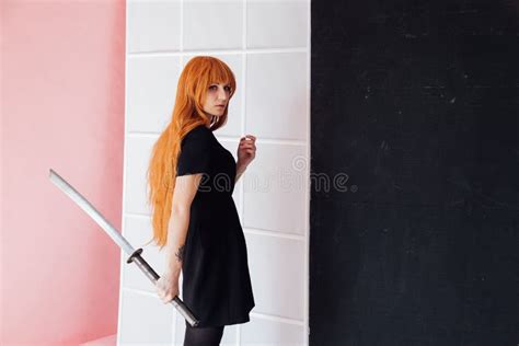 Fashionable Woman with Red Hair Anime Japan Sword Stock Photo - Image of girl, female: 163059998