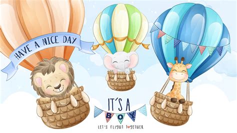 Cute animals flying with air balloon clipart