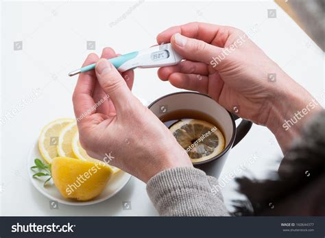 Sick Person Who Looking Thermometer Drinking Stock Photo 160644377 ...