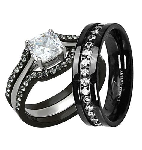 His Hers 4 Pc Black Stainless Steel Titanium Wedding Engagement Ring Band Set MA | eBay