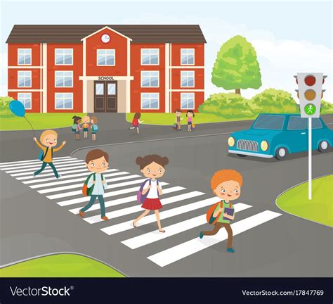 School children cross road on pedestrian crossing Vector Image Kids ...