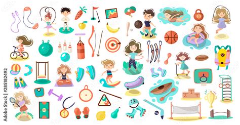 Kids doing sport games, vector cartoon illustration. Playing, jumping, swimming boys and girls ...