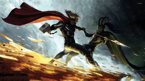 Download Thor and Loki Engaged in an Epic Battle Wallpaper | Wallpapers.com