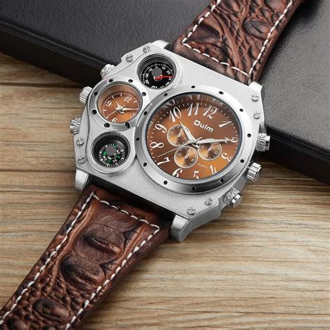 Oulm Big Men Watches Luxury Brand Male Quartz Watch Men's Double Time Zone Leather Sport Wrist ...