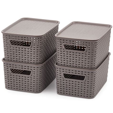 EZOWare Small Lidded Gray Plastic Knit Baskets, Stackable Household Storage Organizer Container ...