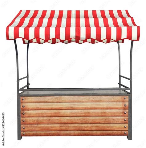 Wooden market stand stall with metal frame and red white striped awning Stock Photo | Adobe Stock