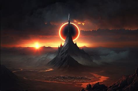 Premium AI Image | Nighttime in mordor with the eerie glow of the eye of sauron on the horizon