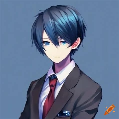 Anime boy, short dark blue hair, light blue eyes, suit and tie