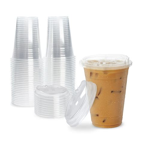 [50 Pack] Disposable Strawless Plastic Cups with Lids - 16 Oz Clear Plastic Cups and Sippy Cups ...