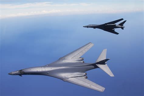 Two United States Air Force B-1B Lancer bombers over the Gulf of Mexico, USA. Photographer: Jake ...