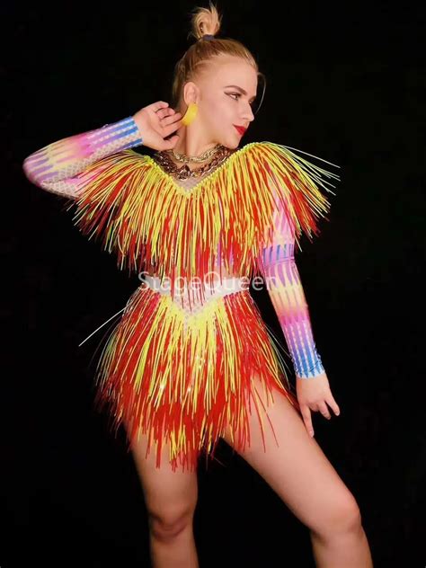 Neon Orange Dance Bodysuit Women Singer Stage Wear Outfit Nightclub ...