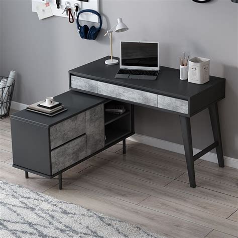 Modern Black L Shaped Desk with Drawers & Storage Rotatable Cabinet Corner Desk