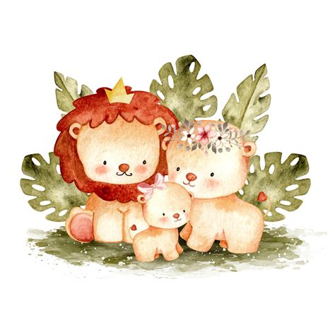 Premium Vector | Watercolor cute lion family