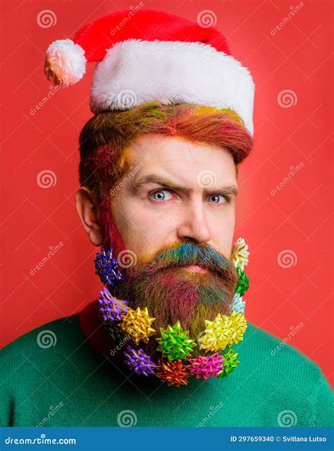 Bearded Santa Man with Christmas Decorated Beard. Santa Man with ...