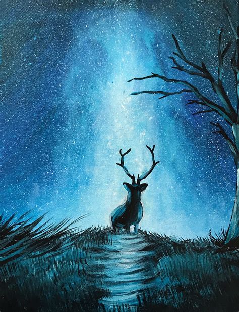 Original Night Sky With Deer Acrylic Painting 11 x 14 | Etsy