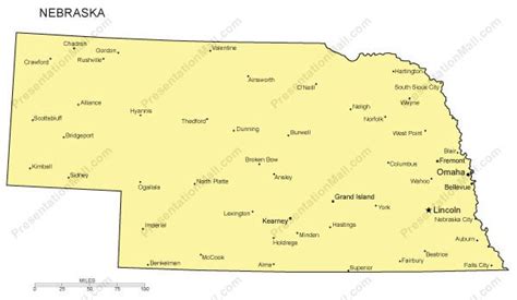 Nebraska Outline Map with Capitals & Major Cities- Digital Vector, Illustrator, PDF, WMF