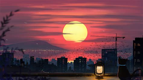 Cat Sunset City Scenery Anime 4K #860i Wallpaper PC Desktop