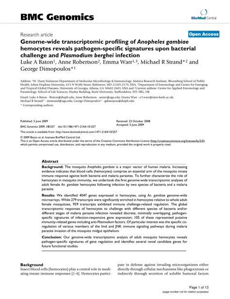 (PDF) Genome-wide transcriptomic profiling of Anopheles gambiae hemocytes reveals pathogen ...