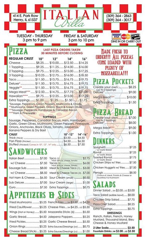 Menu at Italian Villa pizzeria, Henry