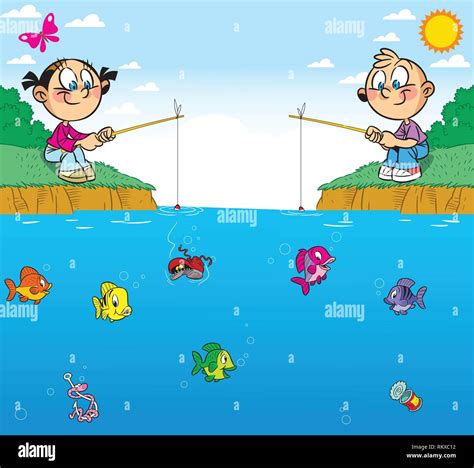 The illustration shows a boy and girl on the pond. They are passionate about fishing. In water ...