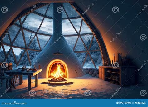 Snow Igloo Interior Space with Fireplace and Window and Table Stock Illustration - Illustration ...