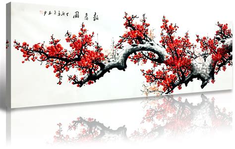 Asian Decor Chinese Painting Wall Art Oriental Red Plum Blossom Canvas Pictures for Bedroom Wall ...