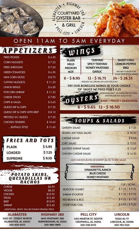 Menu at Courtyard Oyster Bar, Birmingham