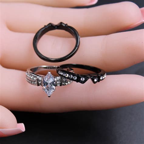 MABELLA Black Wedding Band Engagement Ring Set Stainless Steel Marquise Cubic Zirconia for Women ...