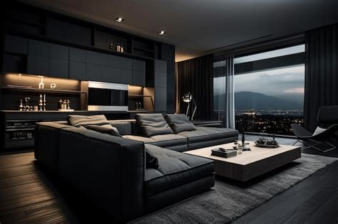 Premium Photo | Modern living room interior in apartment dark gray design at night