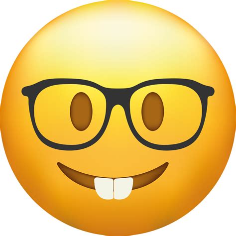 Nerd emoji. Emoticon with transparent glasses, funny yellow face with black-rimmed eyeglasses ...