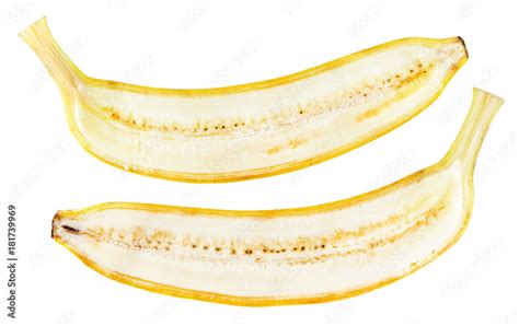 Yellow banana cut in half inside longitudinal section isolated on white background Stock Photo ...