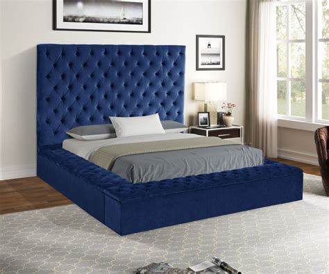 MYCO Jake Velvet Platform Queen Bed with Footboard & Side Storage, Blue ...