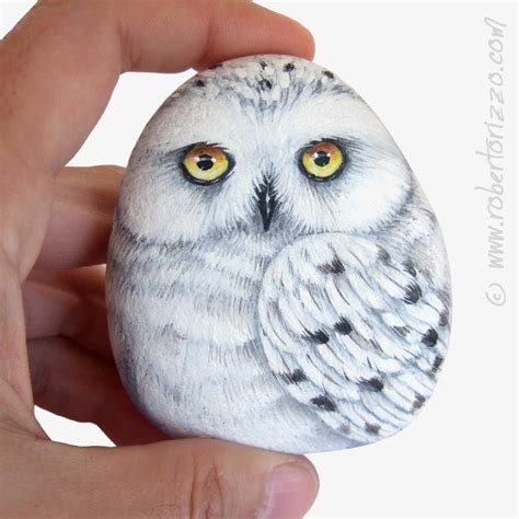 Stone Painted Snowy Owl Rock Painting Art by Roberto Rizzo