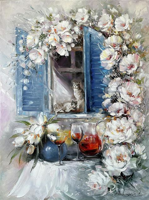 Floral Canvas Painting Original, Cat by a Window Oil Painting, Big Cat ...