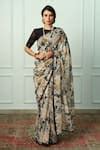 Buy Atelier Shikaarbagh Beige Maithli Floral And Animal Print Saree With Unstitched Blouse Piece ...