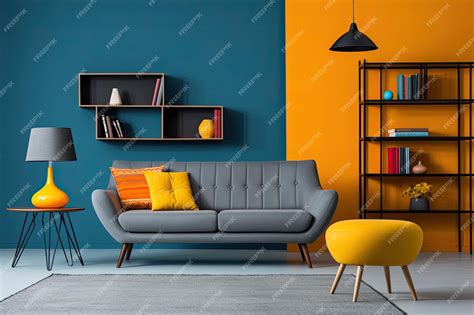 Premium AI Image | a grey couch with orange pillows in a room with blue walls