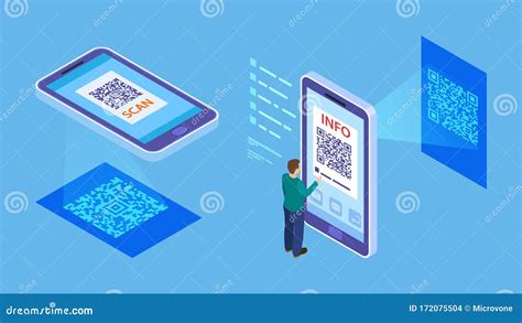 QR Code Verification. Isometric Barcode Mobile Scanning, Customer Makes Paying With Phone ...