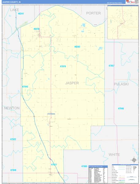 Jasper County, IN Zip Code Wall Map Basic Style by MarketMAPS - MapSales