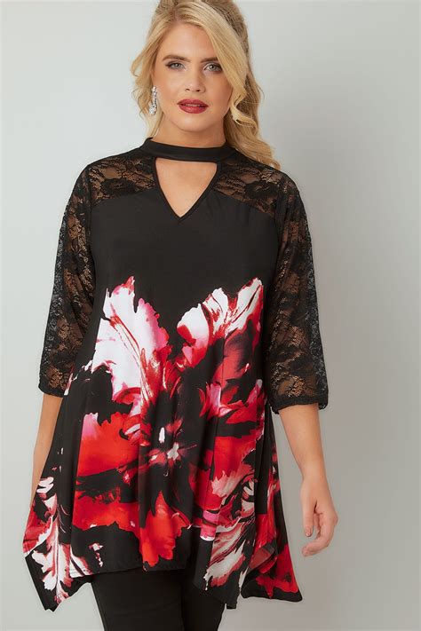 Red & Black Floral Print Top With Lace Border, Plus size 16 to 36