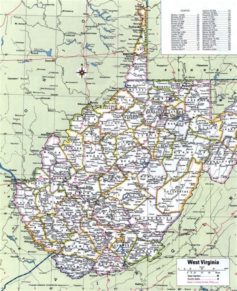 Large detailed administrative map of West Virginia state with roads and cities | West Virginia ...