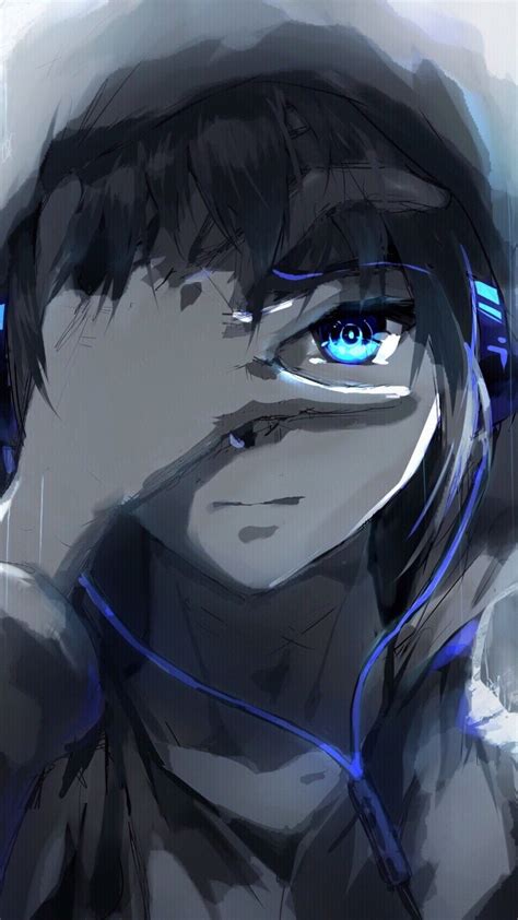 Anime Boy, Hoodie, Blue Eyes, Headphones, Painting | Anime, Hình vẽ ...