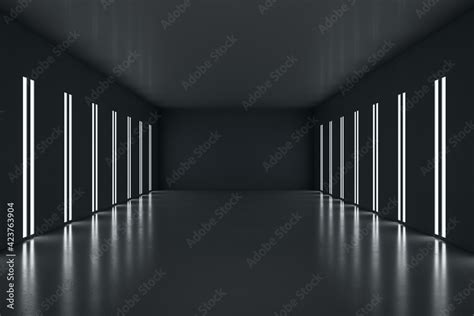 Front view on dark wall in dark modern empty room with led lights on walls. 3D rendering, mockup ...