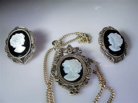 Cameo Jewelry Set, Cameo Necklace, Cameo Earrings, Onyx and Cameo Shell, Sterling Silver Jewelry ...