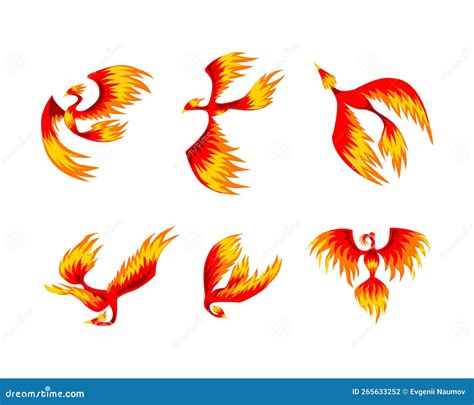 Phoenix with Red Flamed Wings and Feather As Immortal Bird from Greek Mythology Vector Set Stock ...