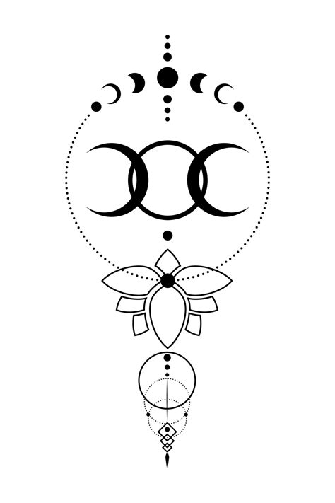 Triple Moon, Sacred geometry, half moon pagan Wiccan goddess symbol. Moon Phases, black tattoo ...